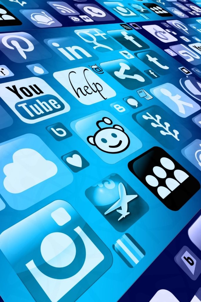 Blue screen with social media app symbols